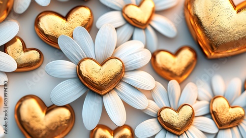 Heart-shaped gold accents rest atop white daisies, creating a lovely, cheerful pattern