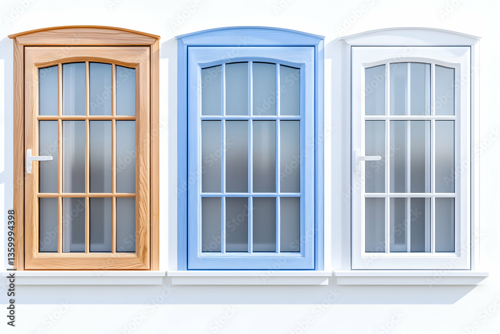 Fototapeta premium Three arched windows, wood, blue, white frames, home renovation