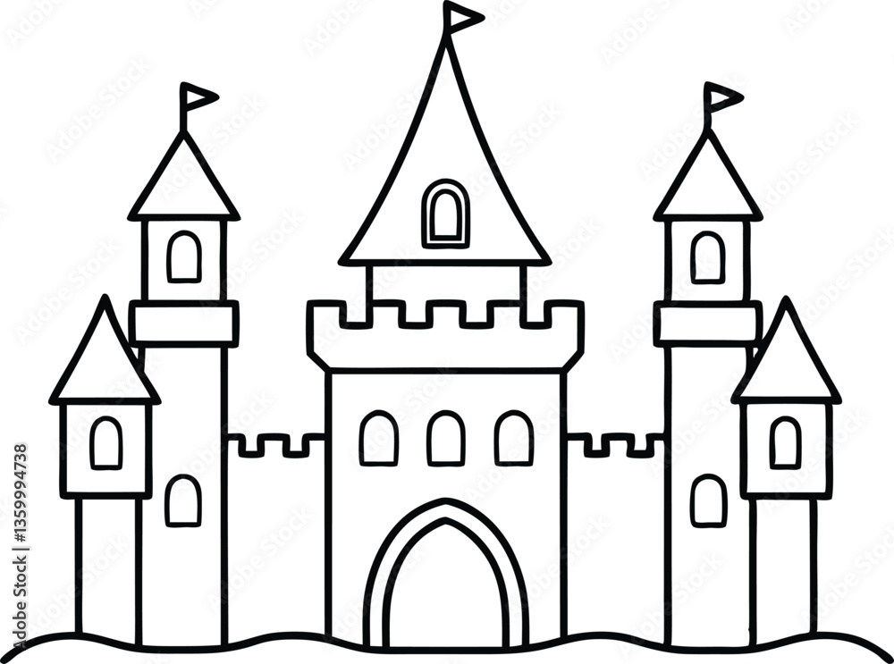 Castle outline coloring book page, Castle line art vector Castle outline coloring book page, Castle line art vector
