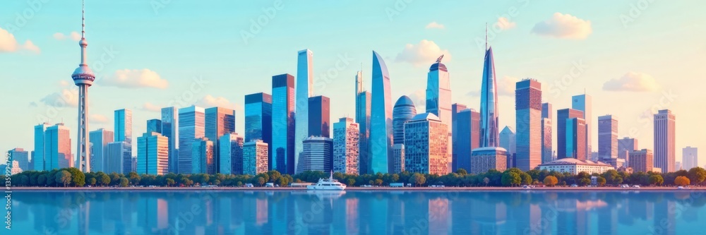 Naklejka premium Flat business icons set on a modern cityscape background , business metaphor, company symbols