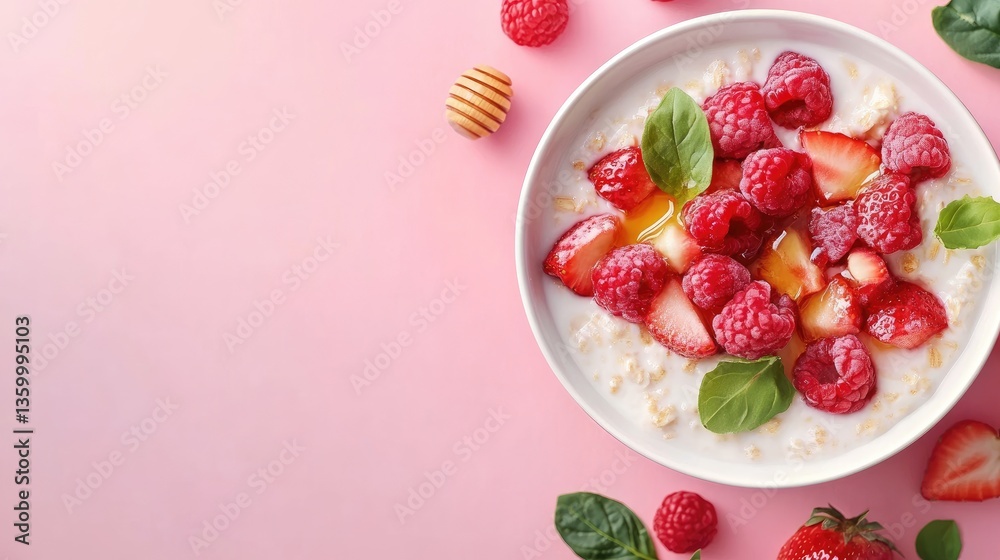 Fresh Berries and Honey in Bowl on Pink Background for Breakfast Fresh Berries and Honey in Bowl on Pink Background for Breakfast