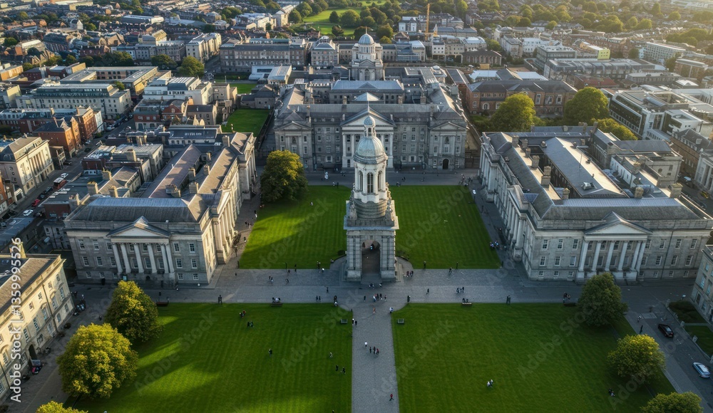 Obraz premium Aerial view of Trinity College in Dublin, Ireland at golden hour.