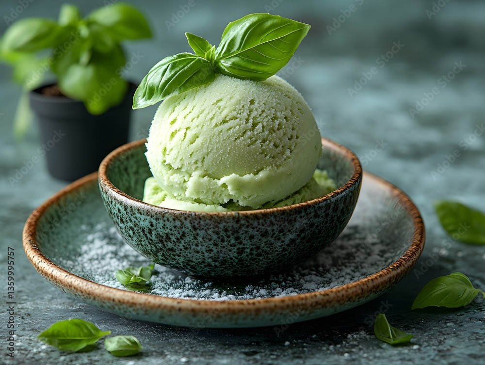 Basil-Infused Delight: A vibrant scoop of green basil ice cream, adorned with fresh basil leaves, presented in a rustic bowl, evoking a refreshing and innovative culinary experience. Basil-Infused Delight: A vibrant scoop of green basil ice cream, adorned with fresh basil leaves, presented in a rustic bowl, evoking a refreshing and innovative culinary experience.