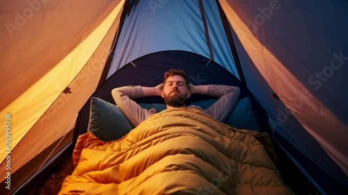 Cozy Camping Retreat Person Lying Comfortably in a Sleeping Bag Inside a Tent, Embracing Tranquility and Relaxation photo