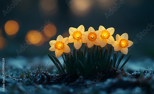 Vibrant Yellow Daffodils Blooming Against Dark Background