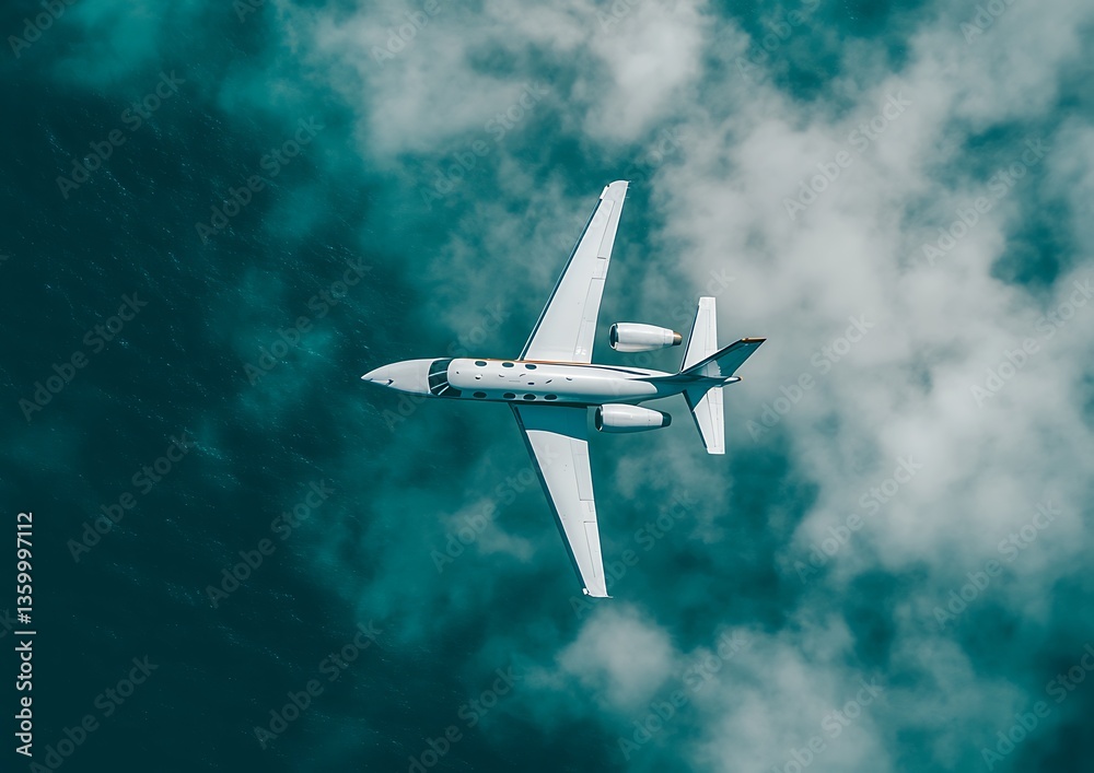 Fototapeta premium A white airplane is flying above clouds over blue ocean water