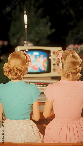 Twin women watch TV show, fifties hairstyle, night