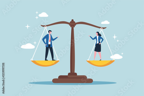 Gender equality, workplace fairness, justice or law, diversity corporate employee, comparison or balance scales, equilibrium concept, businessman and businesswoman colleagues on balance equal scales.