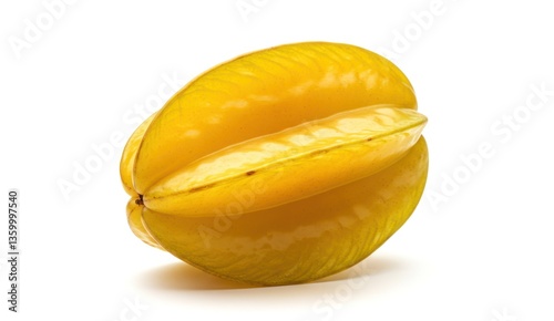 A vibrant yellow star fruit sits against a stark white backdrop.