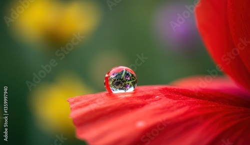 Close-up of a water drop reflecting flowers on a red flower petal.
