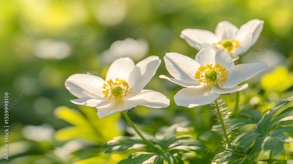 Stunning White Anemone Flowers in Spring Sunlight Stunning White Anemone Flowers in Spring Sunlight