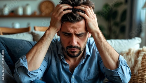 Pensive man reflecting on emotional turmoil at home photo