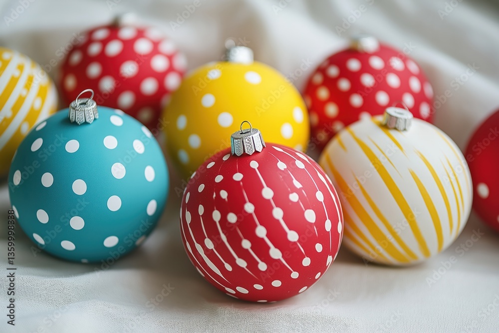 Fototapeta premium Colorful Christmas tree ornaments on a soft fabric background 