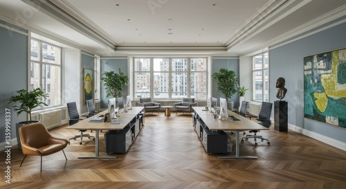 Sleek office with desks, plants, city views, and herringbone flooring.