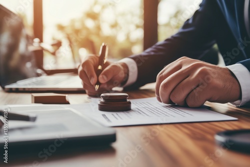 
A businessman stamping an official document, close-up view