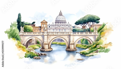 Vatican City Bridge Watercolor View