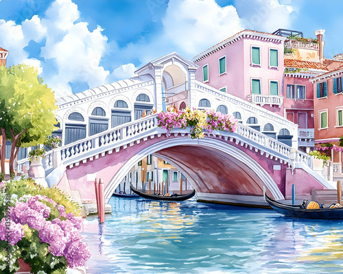 Venetian Canal Bridge, Sunny Day, Watercolor