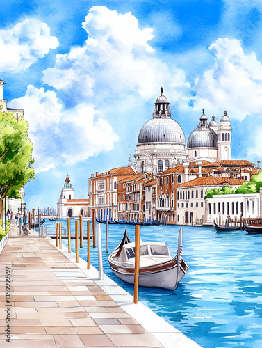 Venetian canal, gondola, church, sunny day, travel postcard