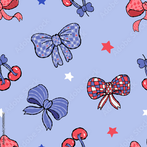 Seamless pattern Coquette 4th of July Bow on color background	