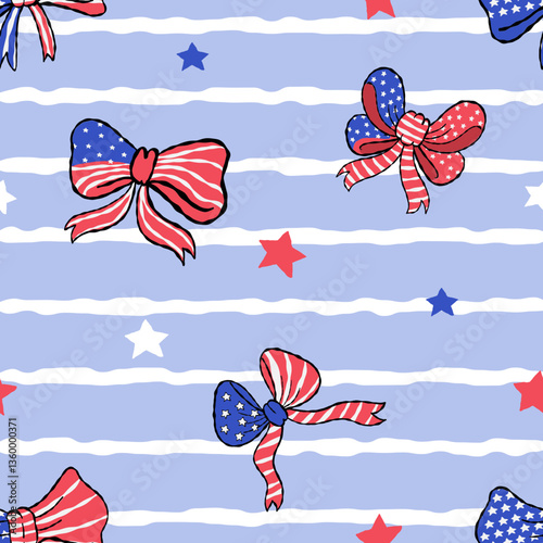 Seamless pattern Coquette 4th of July Bow on color background	