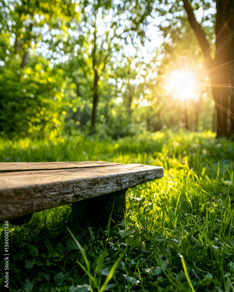 Naklejka premium Sunset park bench, grassy field, summer