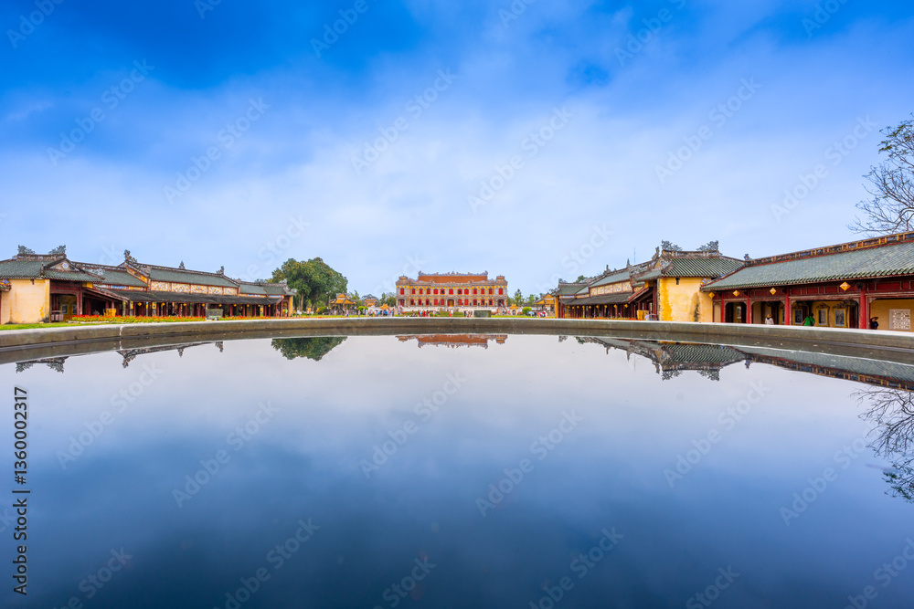 Fototapeta premium view of the Imperial City with the Purple Forbidden City within the Citadel in Hue, Vietnam. Imperial Royal Palace of Nguyen dynasty. Travel and landscape concept