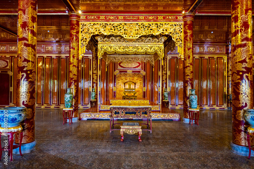 view of the Imperial City with the Purple Forbidden City within the Citadel in Hue, Vietnam. Imperial Royal Palace of Nguyen dynasty. Travel and landscape concept