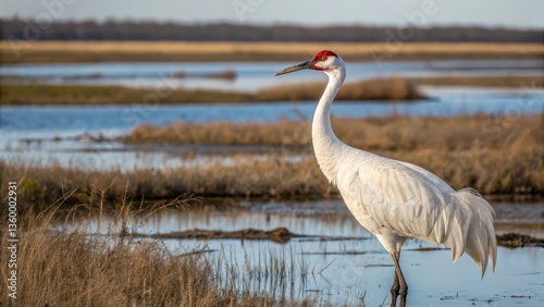 A majestic whooping crane with white plumage and red crown stands in a natural wetland, surrounded by marsh grasses and water.