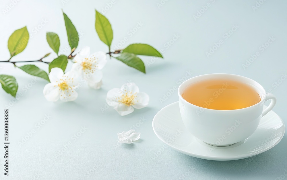 A cup of light-yellow tea sits on a saucer next to a sprig of white blossoms with green leaves on a pale blue background. Soft, natural light illuminates the scene A cup of light-yellow tea sits on a saucer next to a sprig of white blossoms with green leaves on a pale blue background. Soft, natural light illuminates the scene
