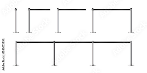 Belt barriers with stanchions and black ropes. Set of security control metal pole posts. Airport entry rails, zone chrome dividers, vip barricades. Realistic vector illustrations.