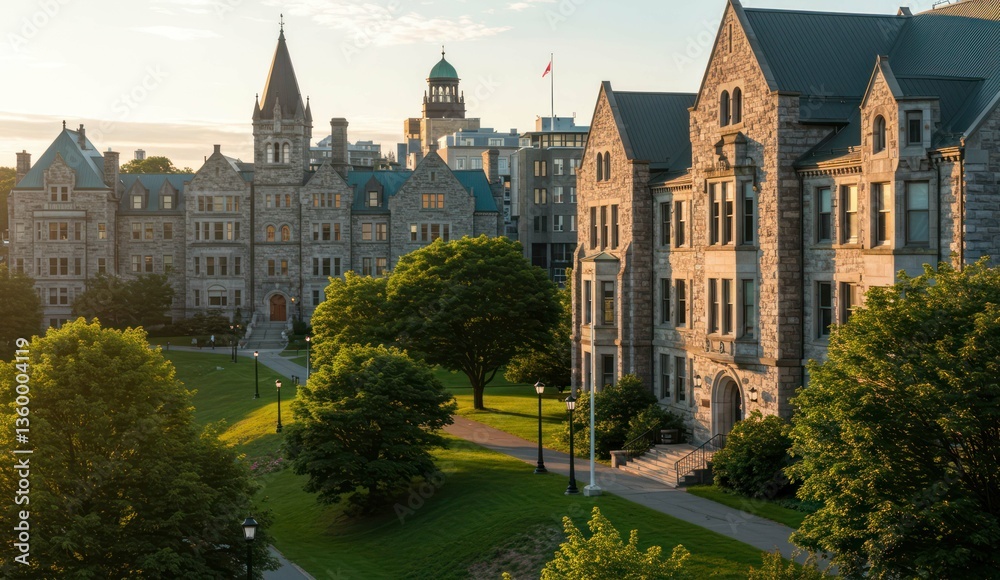 Naklejka premium Exterior shot of ornate stone buildings on a campus at sunrise/sunset.