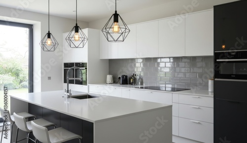 Modern kitchen with island, white cabinets, and black accents.