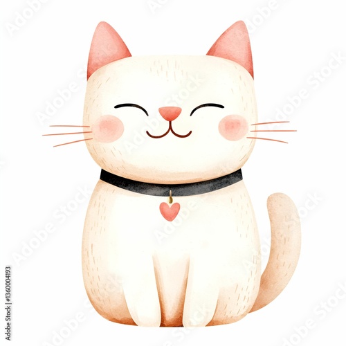Cute cat watercolor concept. Cute illustrated cat with a collar and a happy expression.