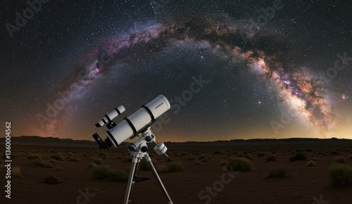 Telescope aimed up to the Milky Way in a dark, scenic desert landscape