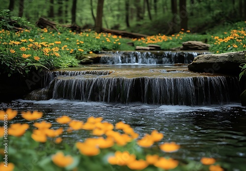 Serene Forest Waterfall Surrounded by Orange Wildflowers