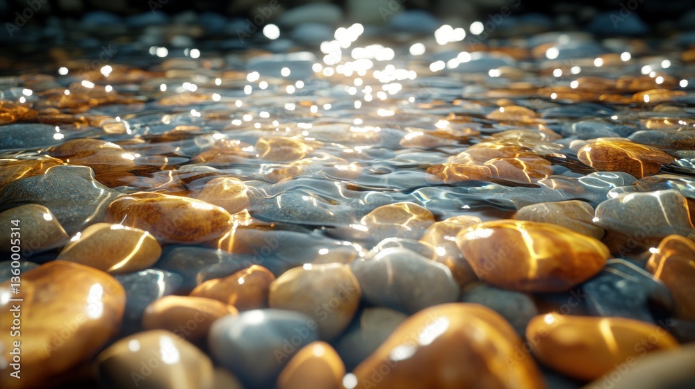 Obraz premium Sparkling pebbles beneath clear water. Sunlight streams through the shallows, illuminating colorful stones