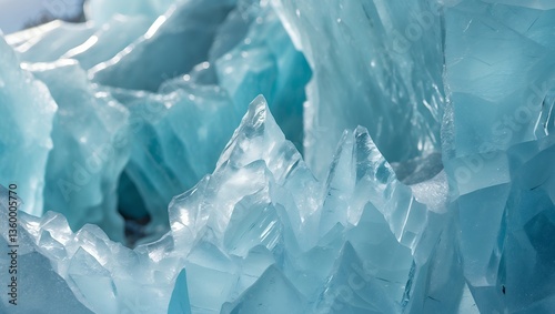 Sharp, blue ice formations shimmering in natural light creating jagged edges