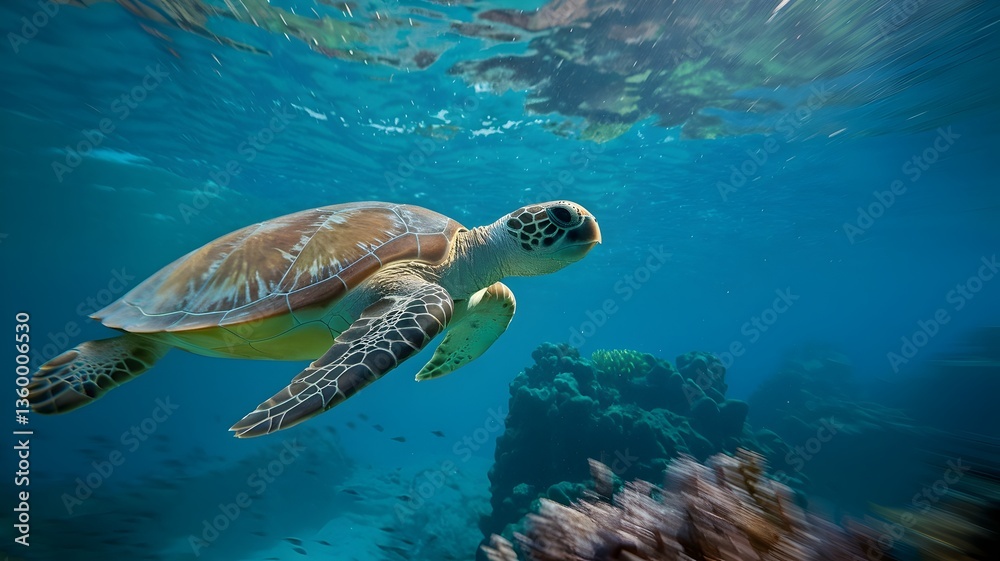 Fototapeta premium Close-up of a sea turtle swimming underwater