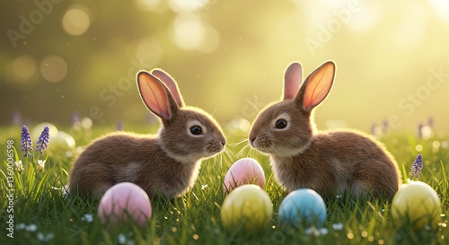 Easter bunnies, colorful eggs, spring meadow, soft lighting, bokeh background, dew drops, delicate flowers, golden hour, furry rabbits, pastel colors, Easter scene, photorealistic, high detail, shallo photo
