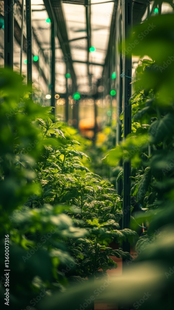 Fototapeta premium A lush green greenhouse full of thriving plants. The vibrant foliage thrives in controlled conditions. A high-tech sanctuary for growth and sustainability. Generative AI