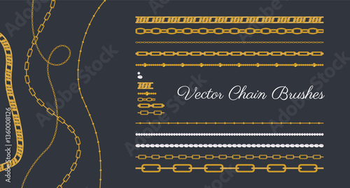Vector chain brush samples. Trendy necklaces set. Golden and pearl chains. Minimalistic jewelry. 