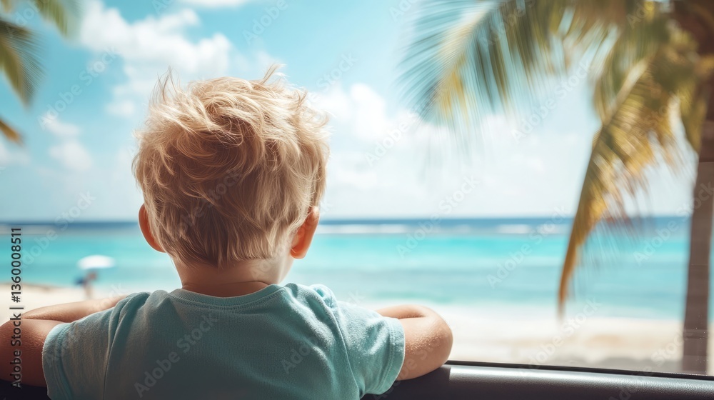 Fototapeta premium Child gazing at a serene beach view from a car window, with palm trees swaying in the gentle breeze