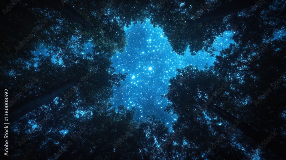 Fototapeta premium Starry night sky through forest canopy. Mystical, dark, and vibrant night scene. A breathtaking view of a clear night sky filled with countless stars seen from the depths of a forest