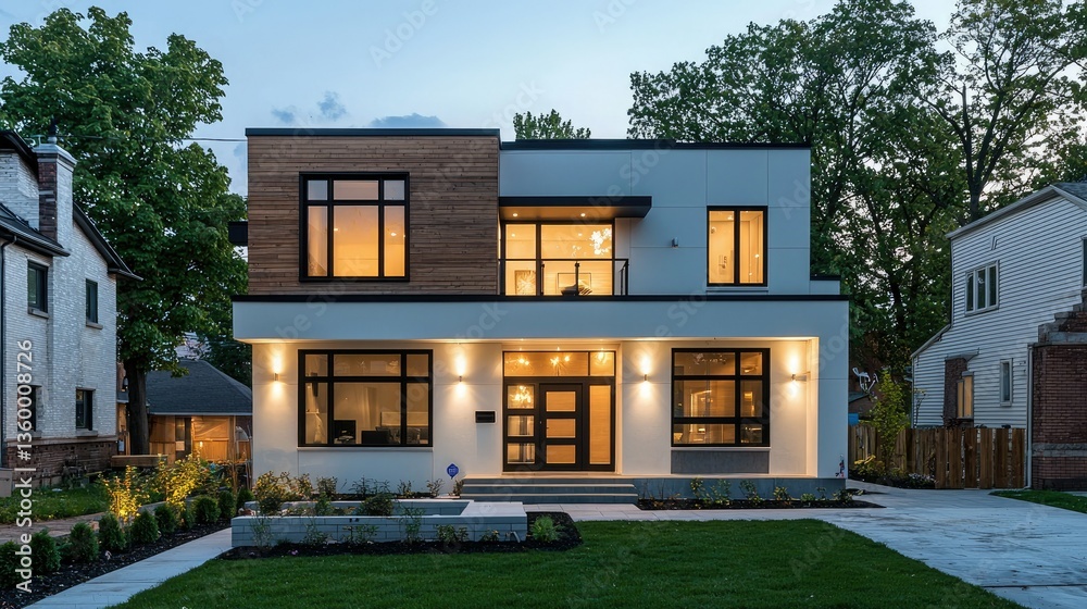 Fototapeta premium A contemporary house exterior with a white facade, wooden elements, and minimalist design, set in a peaceful suburban neighborhood.