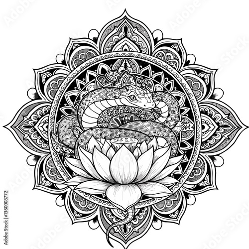 Intricate Snake Embracing Lotus Flower in Mandala Design  