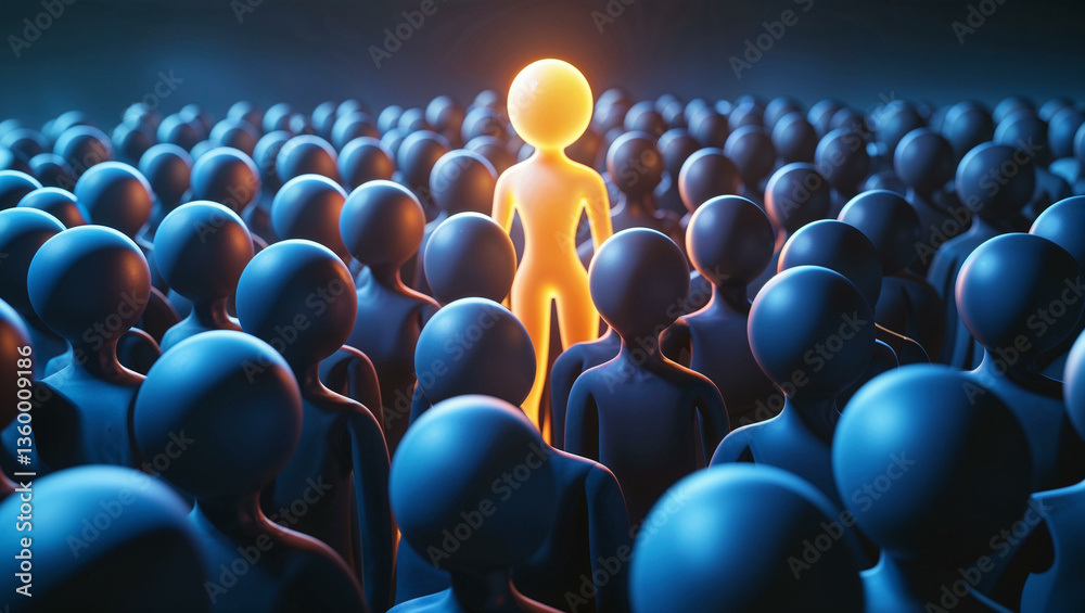 Obraz premium A digital 3D-rendered artwork featuring a crowd of abstract humanoid figures. Most figures are dark and illuminated by cool blue, In the center, one figure glows with a vibrant golden-orange light.