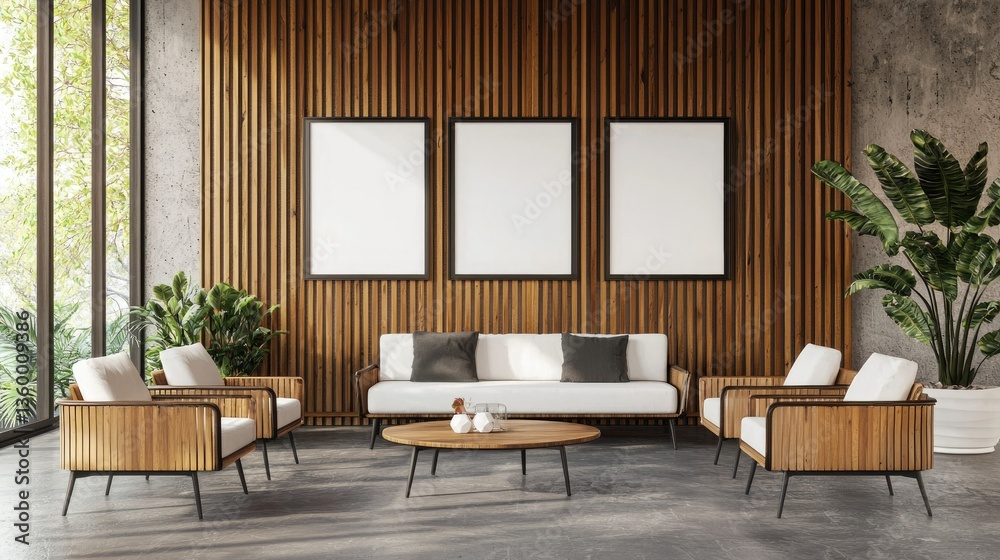 Fototapeta premium A contemporary office lounge with a wooden slat accent wall and empty poster frames ready for customization.