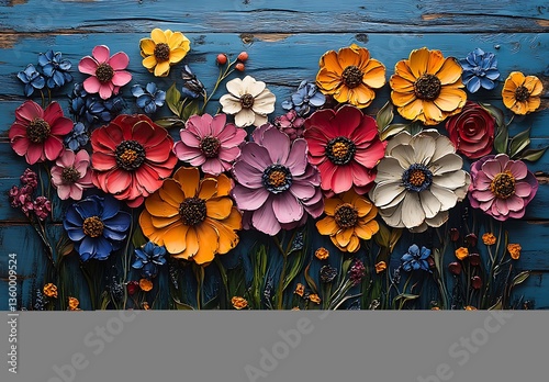 Colorful Floral Relief on Rustic Blue Wooden Background