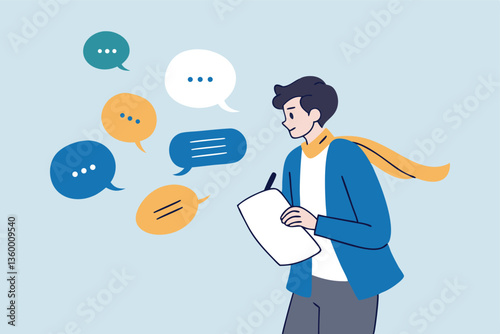 Requirements gathering, client demand or customer opinion, summary or meeting conclusion, stakeholders use case, lecture or meeting note concept, businessman write client requirements from discussion.