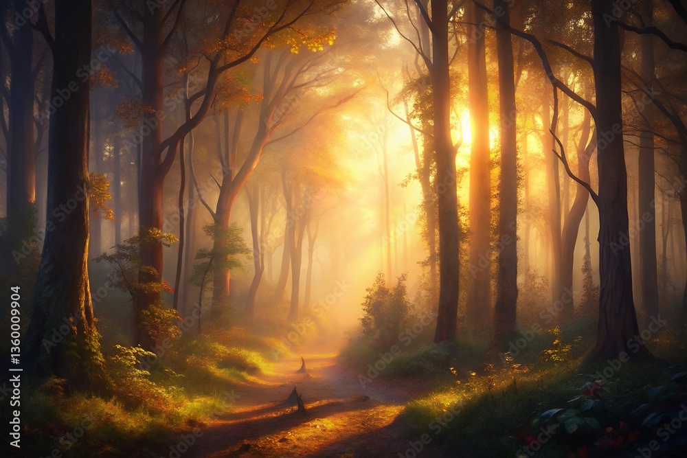 Obraz premium Golden hour sunlight streams through a mystical autumn forest, painting a path of magic and wonder with soft light and hazy atmosphere.
